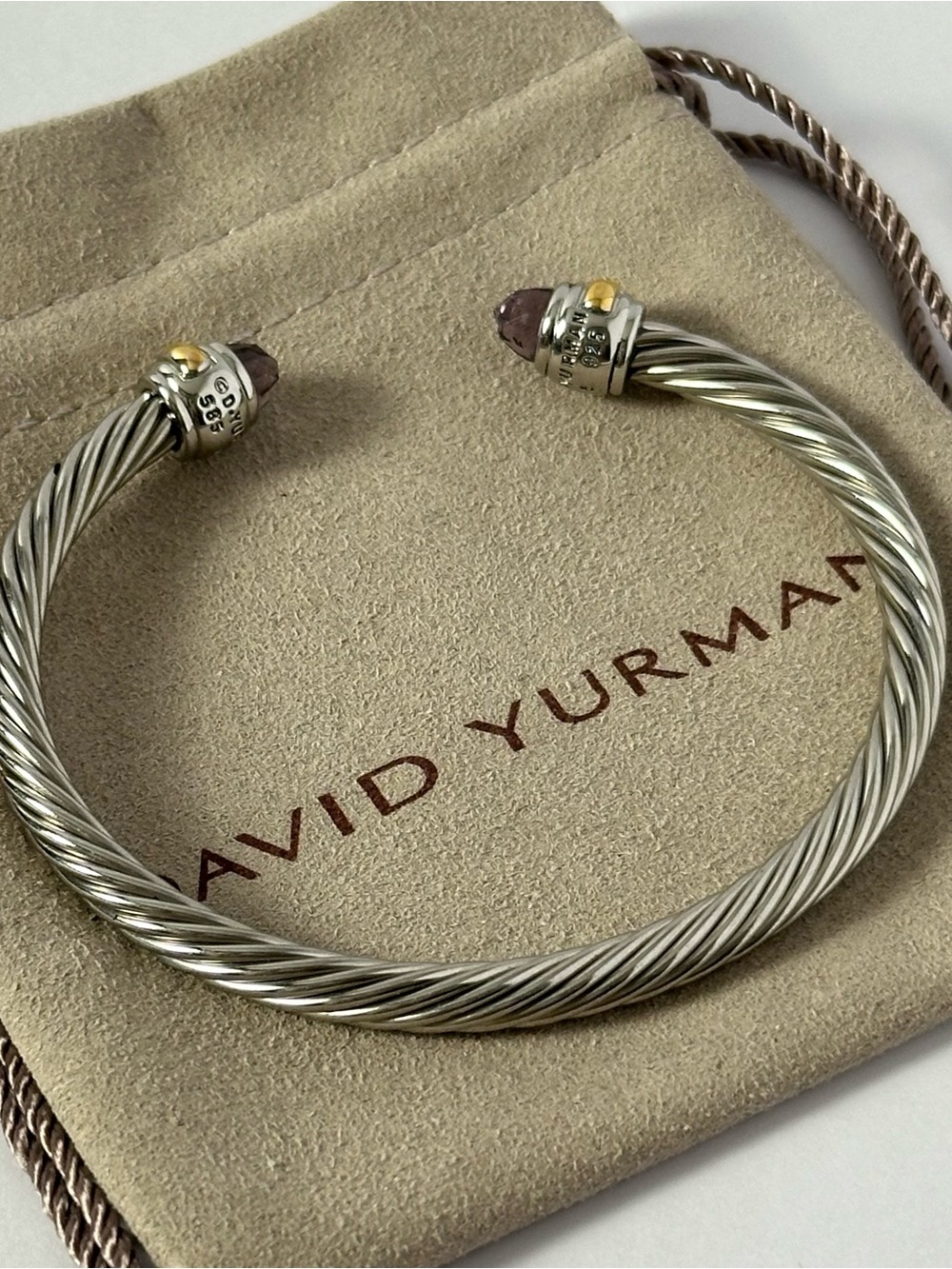 David Yurman 5mm Classic Cable Amethyst and 14kt Gold Accent Cuff Bracelet - Picture 4 of 7